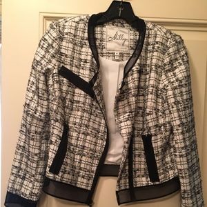 Milly Plaid Tweed Black White Moto Jacket 4